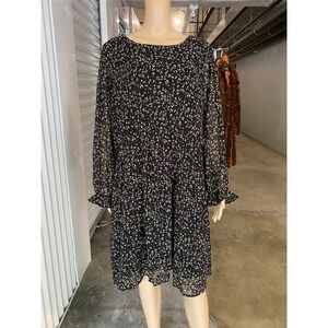 KAILEIGH Womens 2X Black Floral Long Sleeve Pleated Mini Dress Plus Size